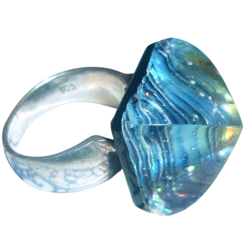 Vintage Sterling Silver Dichroic Art Glass Ring Size 6 925 Iridescent Foil Cab